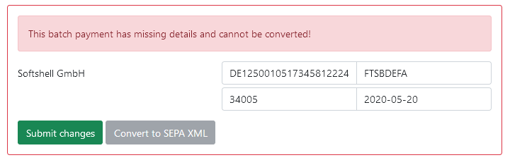 Additional details are requested for SEPA Direct Debits.